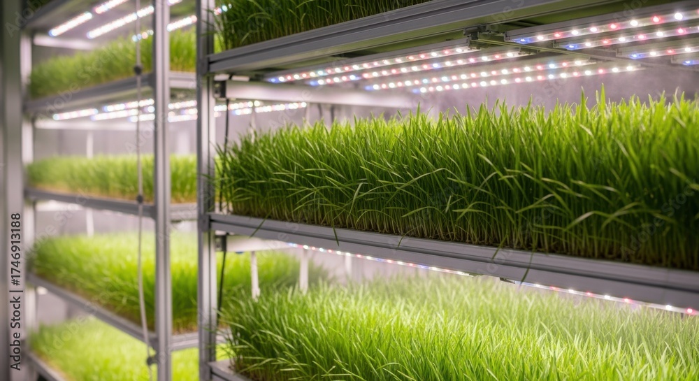 Fototapeta premium Medium shot of vertical wheat farming racks with vibrant green wheat shoots under energyefficient LED lighting in a controlled indoor environment.