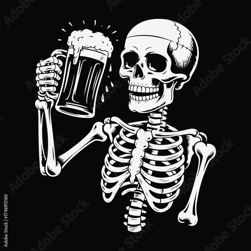 Skeleton raising a frothy glass of beer in a toast against a black background