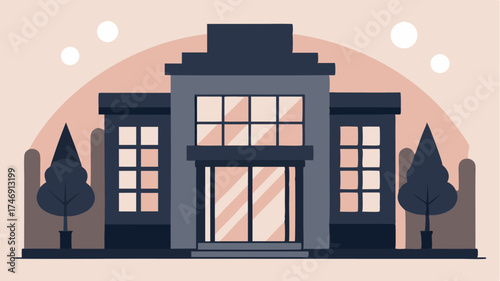 A minimalist hotel building silhouette featuring a welcoming entrance large windows and a rooftop terrace.