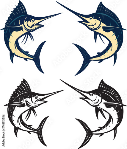 Two marlin fish, vector illustrations