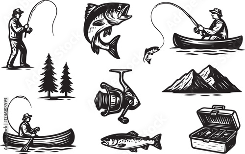 Hand-drawn vector graphic set with fishing-themed illustrations, including anglers, fish, fishing gear, canoe, trees, and mountains in a white background