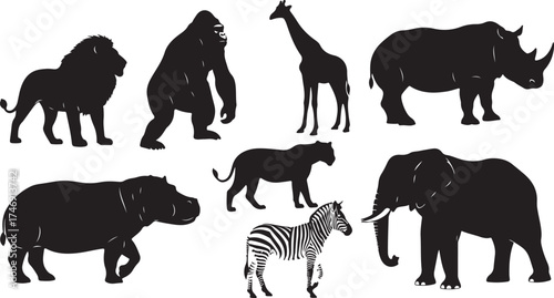 Majestic safari animals collection majestic lion gorilla giraffe rhino elephant zebra hippo silhouettes vector