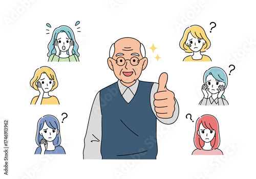 An elderly man gives a thumbs up while surrounding people show confusion and concern about him.