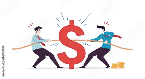 Two businessmen are playing tug of war over a large dollar sign.

