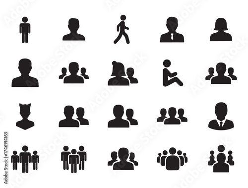 A collection of black silhouette icons representing various people and groups.