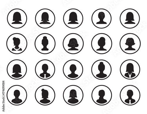 Collection of various silhouette icons of people's faces inside circular frames, representing profiles.