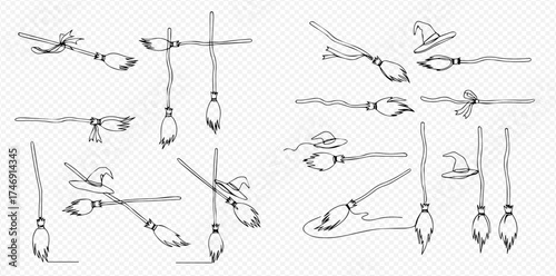 A collection of witch brooms and hats in black and white line art.
