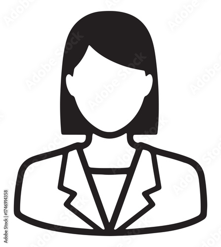 Black and white line art icon of a female user avatar or professional person.