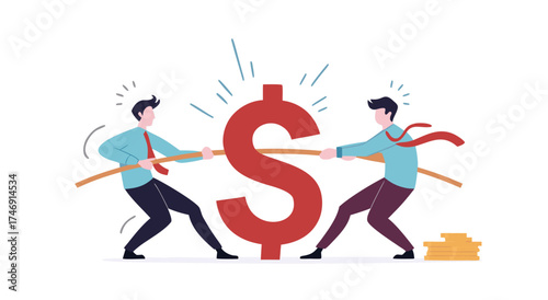 Two businessmen are playing tug of war over a large dollar sign.

