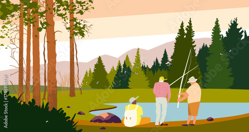 Fishing by the Forest Lake at Sunset. Tall pine trees, calm water, and distant mountains, capturing a peaceful and relaxing outdoor scene. Male Friendship