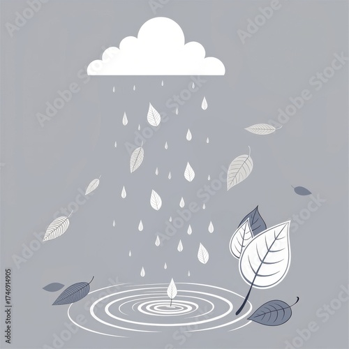 Rain falling from cloud onto surface with leaves in gray tones  