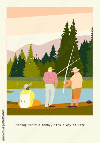 Fishing by the Forest Lake at Sunset. Tall pine trees, calm water, and distant mountains, capturing a peaceful and relaxing outdoor scene. Male Friendship.