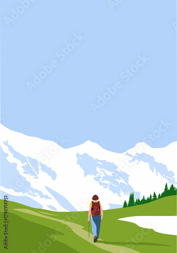 Female Hiker Walking Toward Snowy Mountains. A woman with a backpack hiking across green hills toward snowcapped mountain under a clear blue sky.