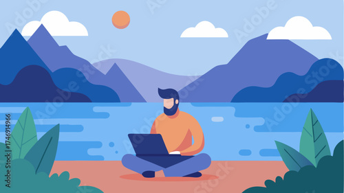 A serene lakeside setting where an individual is meditating with a laptop nearby blending relaxation and work within a tranquil environment.