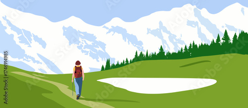 Female Hiker Walking Toward Snowy Mountains. A woman with a backpack hiking across green hills toward snowcapped mountain under a clear blue sky.