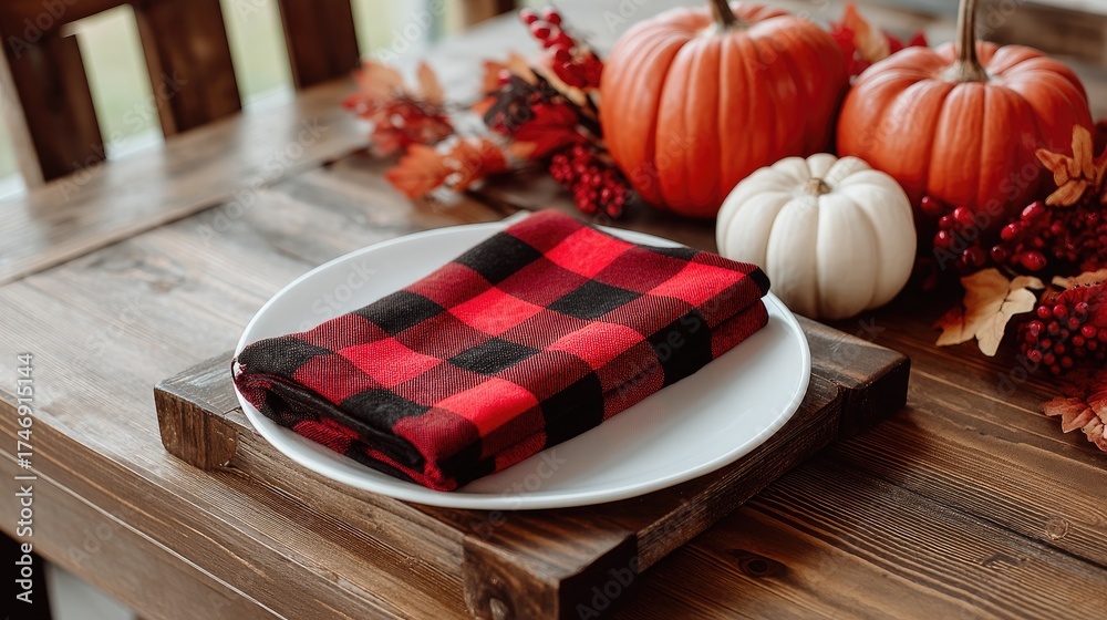 Obraz premium Cozy fall table setting featuring plaid napkin and decorative pumpkins for autumn celebrations