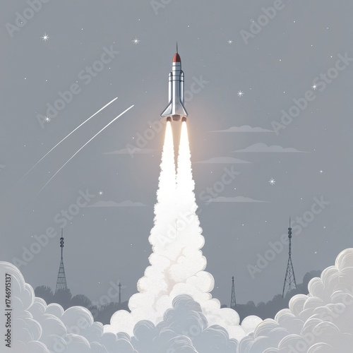 Rocket launching into space with clouds and telecommunications towers  