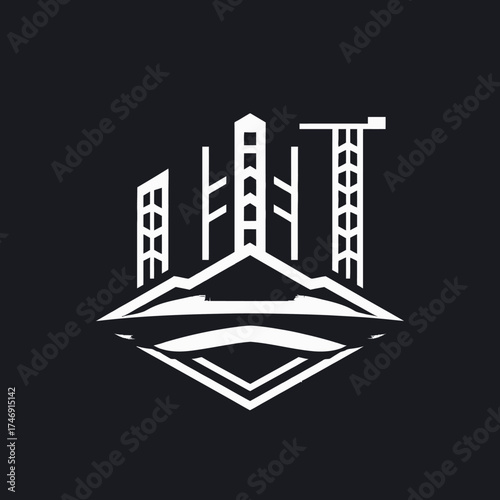 Abstract white illustration of buildings, mountains, and a crane against a dark background.