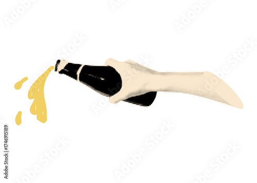 Collage hand holding a bottle of beer isolated on transparent background. Vector design element with vintage grunge punk cutout shapes.
