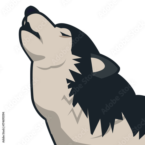 Stylized illustration of a wolf howling with eyes closed