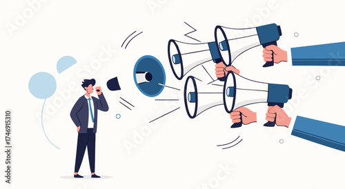 Man overwhelmed by multiple loud announcements from megaphones.

