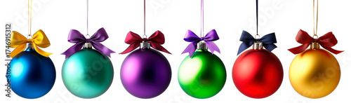 Colorful Christmas baubles with satin bows isolated on transparent background