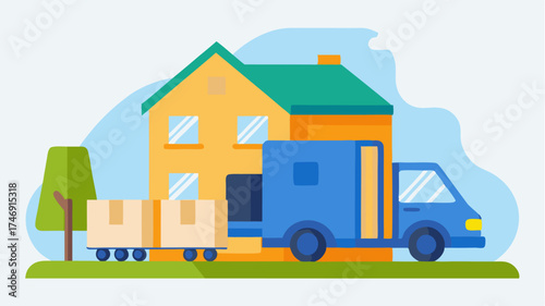 A moving truck parked outside a home symbolizing the process of relocating complete with boxes and packing materials.