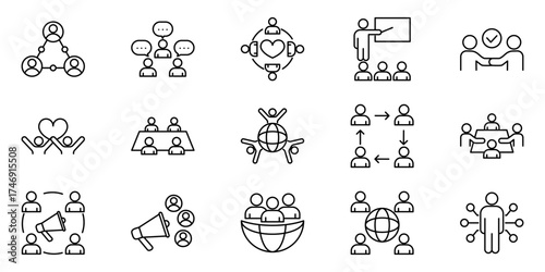 Teamwork and business communication thin line icon set. Collaboration and community vector symbols