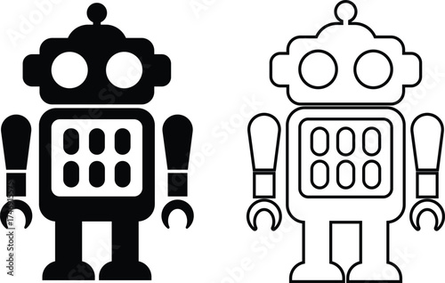 Retro robot black icon set in flat and line style vector Group and collection of vintage androids, droids, bots, cyborgs, mechanical machines and humanoid robots.