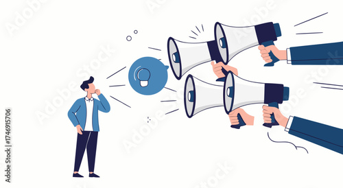 Man overwhelmed by multiple loud announcements from megaphones.

