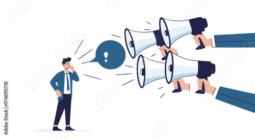 Man overwhelmed by multiple loud announcements from megaphones.

