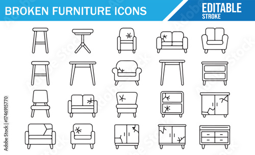 Furniture with Cracks and Damage Icons for Designers