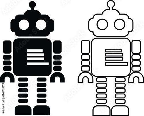 Retro robot black icon set in flat and line style vector Group and collection of vintage androids, droids, bots, cyborgs, mechanical machines and humanoid robots.