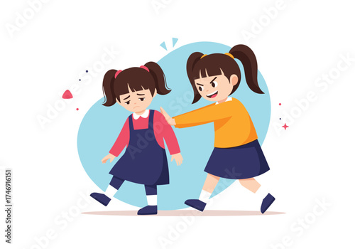 Two young girls one pushing the other with a mean expression.