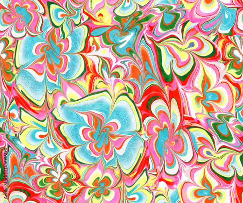Abstract flowers in ebru style multicolor seamless pattern with wavy stripes.Perfect for textile, package, packaging, posters, wall decor, wallpaper, fabric. Contemporary Liquid Art. 