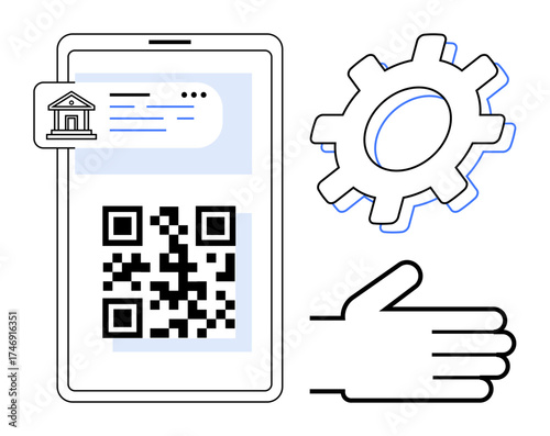 QR code on smartphone screen, banking icon, gear symbol, helping hand gesture. Ideal for banking, payment, finance, technology support system integration digital services. Simple flat metaphor