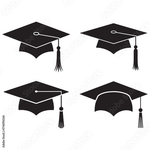 Four distinct black graduation caps with tassels displayed in a grid pattern silhouette