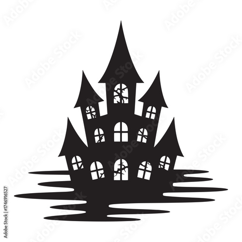 Spooky silhouette of a haunted mansion with glowing windows on a dark night