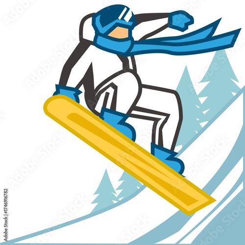 Cartoon snowboarder in mid air with blue scarf and goggles
