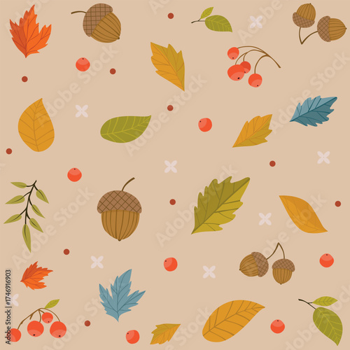 Autumn seamless pattern with colorful leaves, acorns and berries. Seasonal design perfect for background, textile, wrapping paper, wallpaper, greeting cards and fall decoration projects.