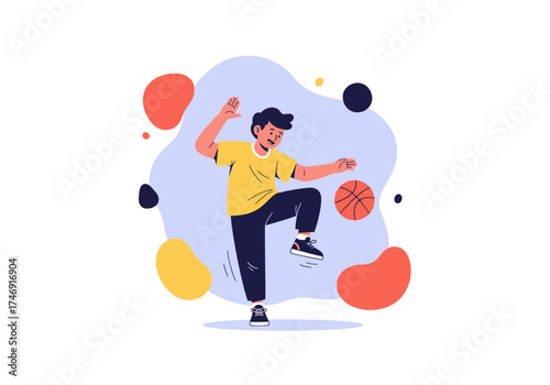 A young boy is playing basketball and dribbling the ball with a smile on his face.