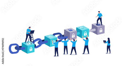 People building a blockchain with interconnected blocks and digital security.