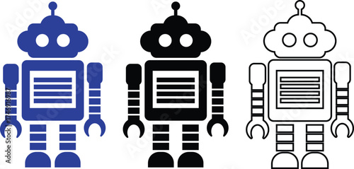 Retro robot blue and black icon set in flat and line style vector Group and collection of vintage androids, droids, bots, cyborgs, mechanical machines and humanoid robots.
