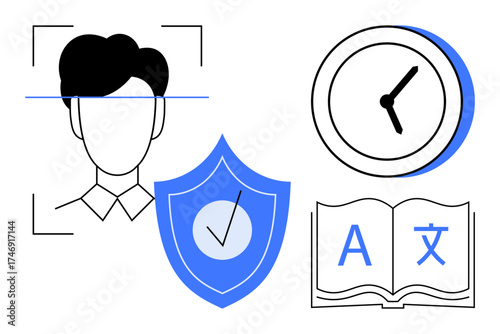 Face scanning, clock, shield with checkmark, open book with language symbols. Ideal for security, identity, time tracking, tech trends translation AI safety. Simple flat metaphor