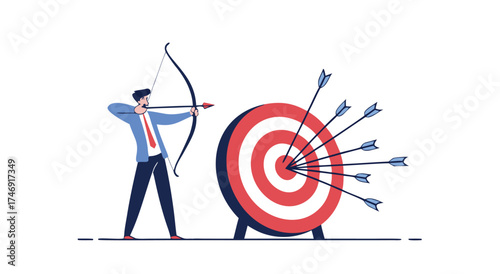 Businessman shooting arrows at a target with many arrows already in it.


