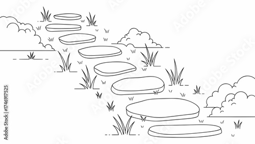 Serene stone path steps winding through a peaceful garden, inviting viewers to contemplate nature's tranquility and simple beauty