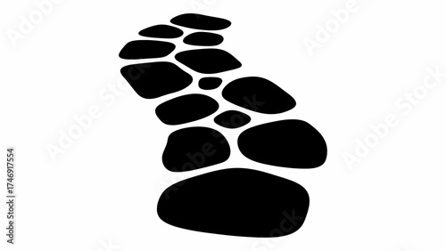 Whimsical stepping stones path design element, flowing river rock trail, modern stone graphic for landscaping, abstract rock garden