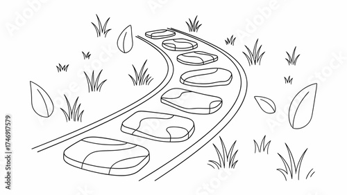 Whimsical stepping stone path with leaves and grass, a simple garden landscape illustration, perfect for children's designs and nature themes