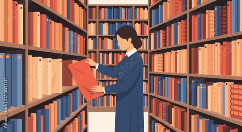 Woman in blue dress selecting a book from a library shelf.