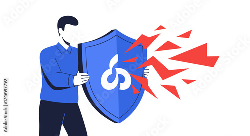 Man holding a shield protecting against red shards breaking apart.